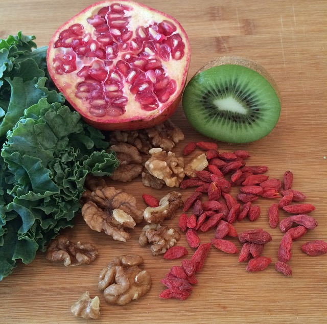 Chosen Superfoods; Kale, kiwi, walnuts, pomegranate 